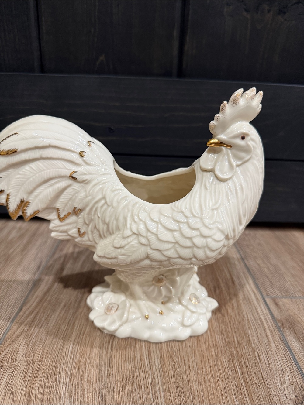 Lenox Harvest Rooster Centerpiece Porcelain Figurine Planter Ivory Gold Gilt 8in